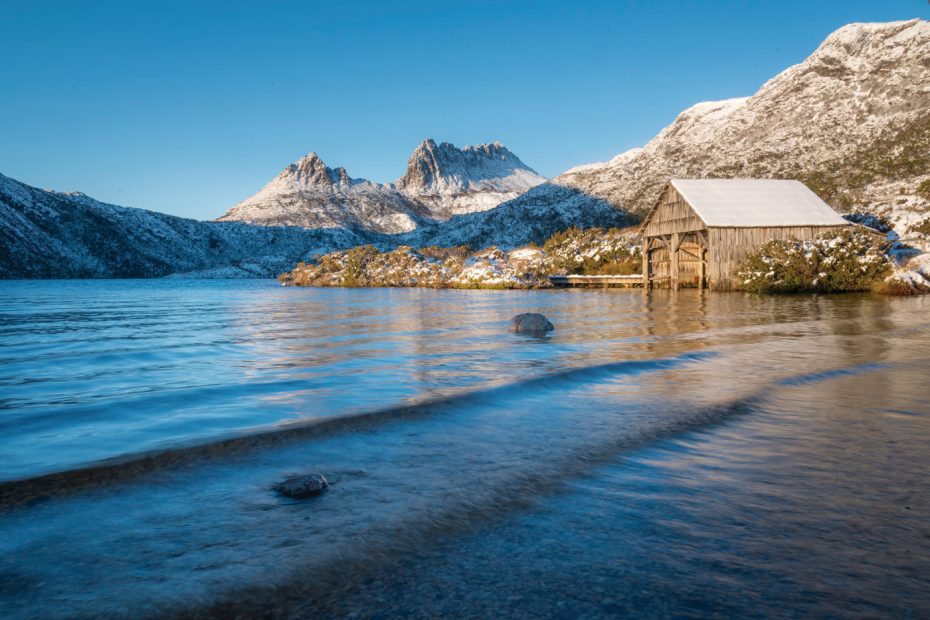 Lake St Clair with snow-topped Cradle Mountain in the background