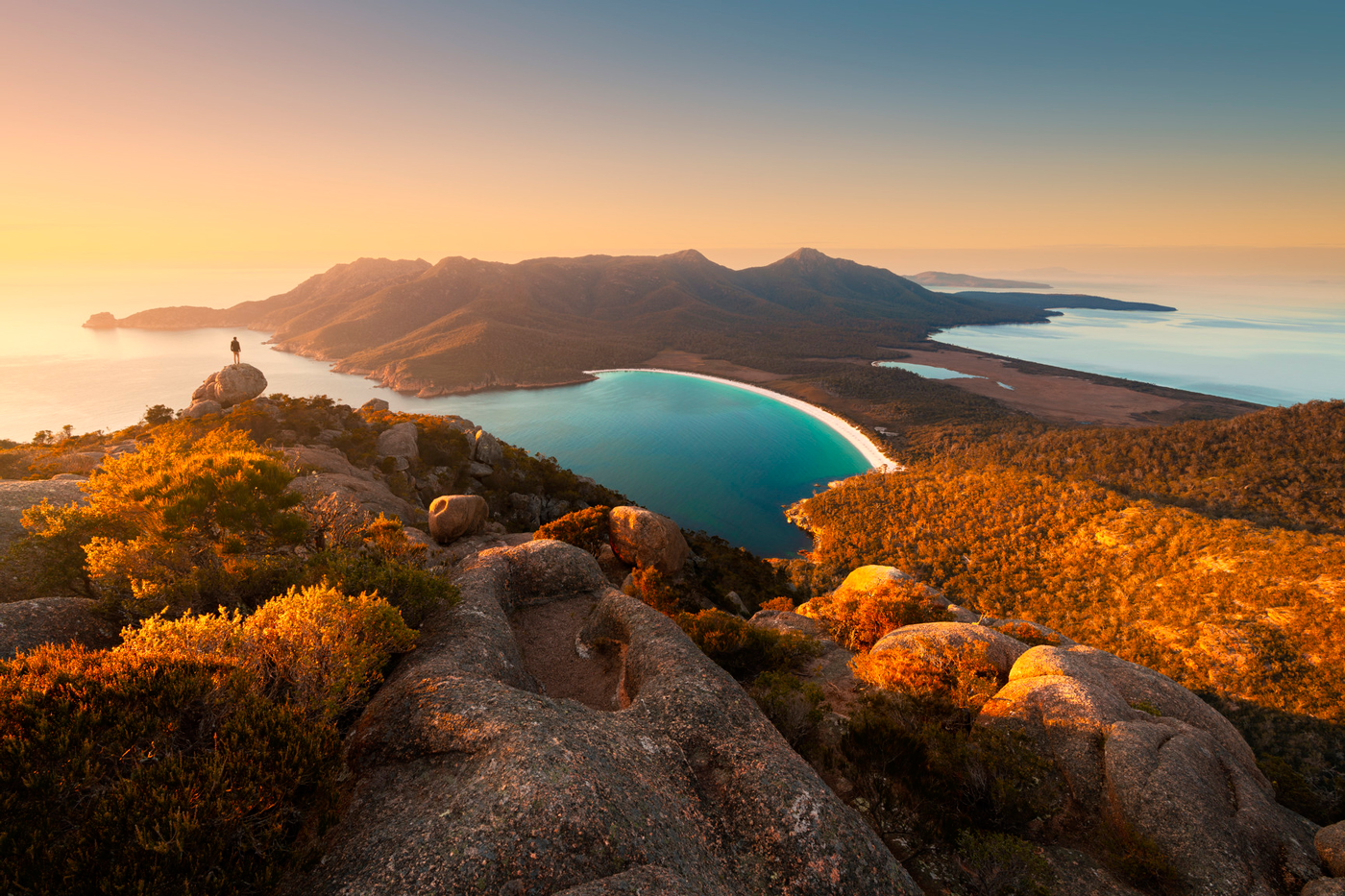 Aerial view of sunset over Wineglass Bay in Freycinet