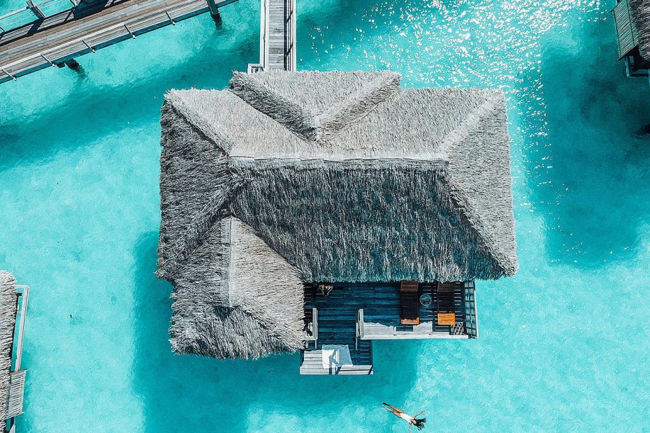 aerial view Four Seasons Bora Bora overwater bungalow luxury honeymoon accommodation French Polynesia