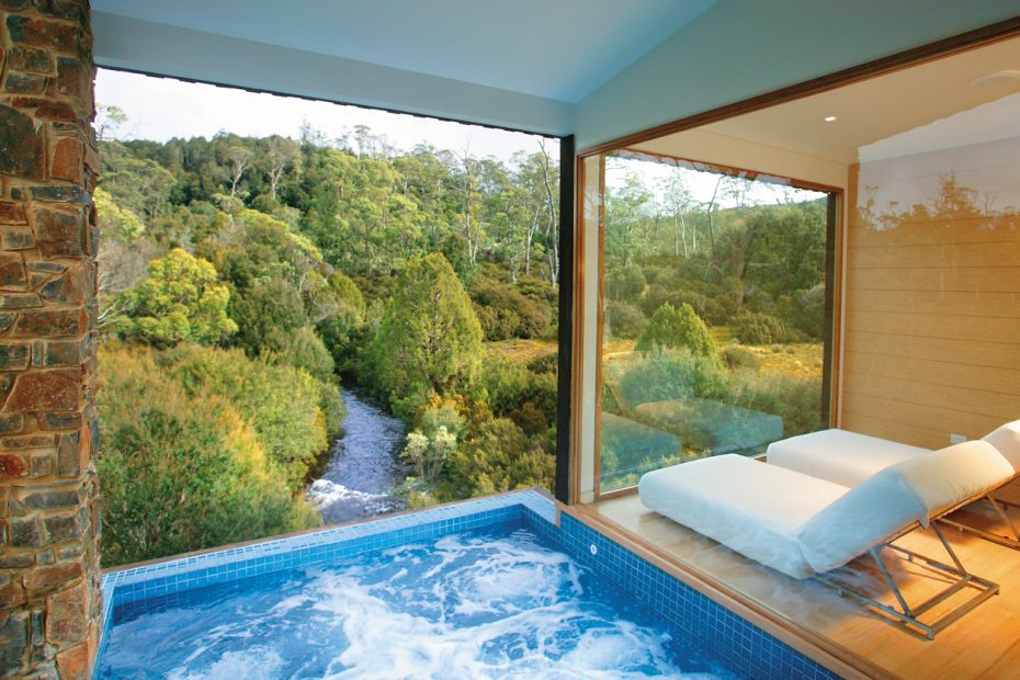 Spa suite looking out over river at Peppers Cradle Mountain Lodge