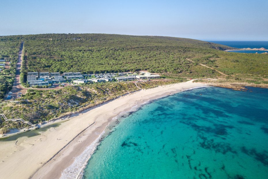 Aerial view of the beach and Smiths Beach Resort in Margaret River