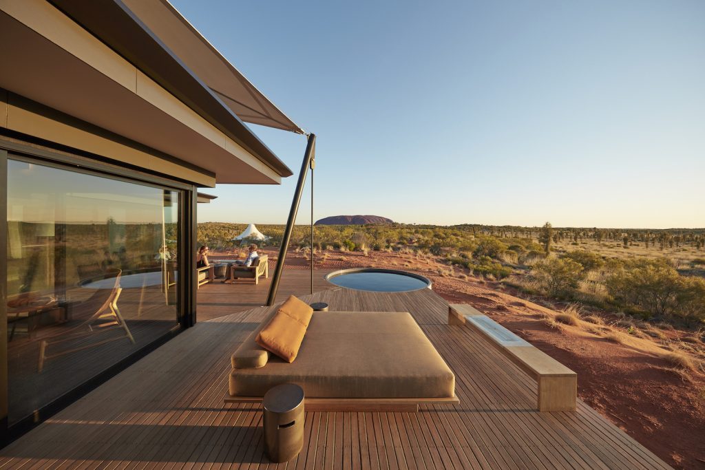 Longitude 131 Dune pavilion UltraLuxe outback lodge with view to Uluru