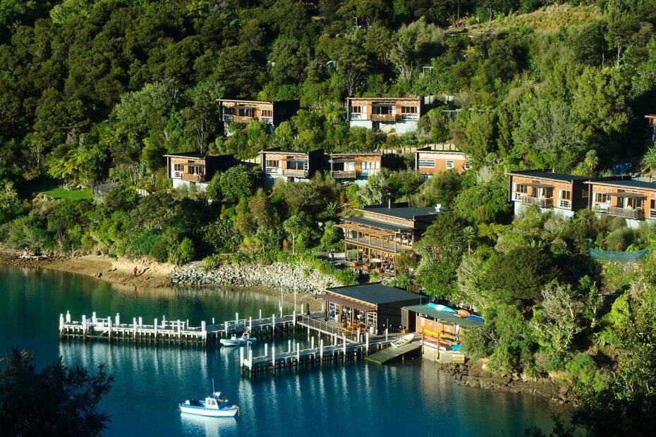Aerial view over Bay of Many Coves Resort in the Marlborough Sounds