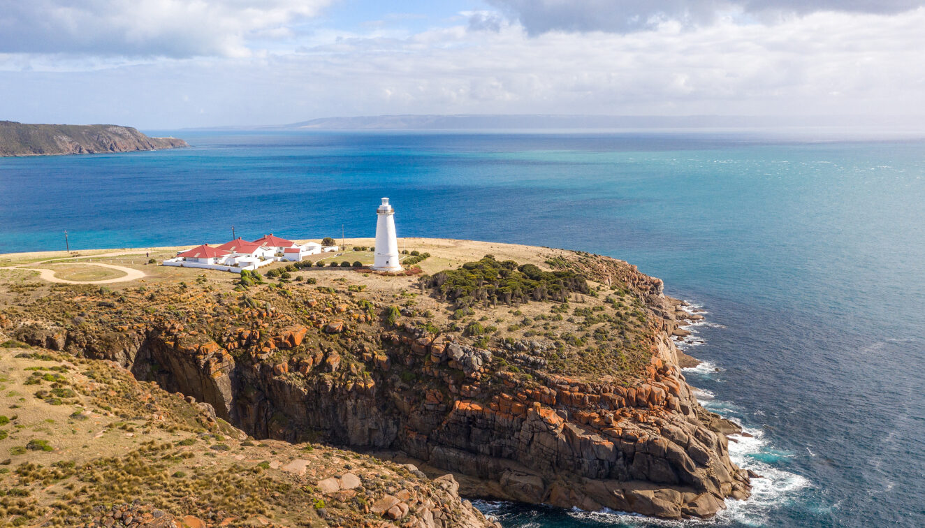 Aerial shot of Cape Willoughby Lighthouse on Kangaroo Island