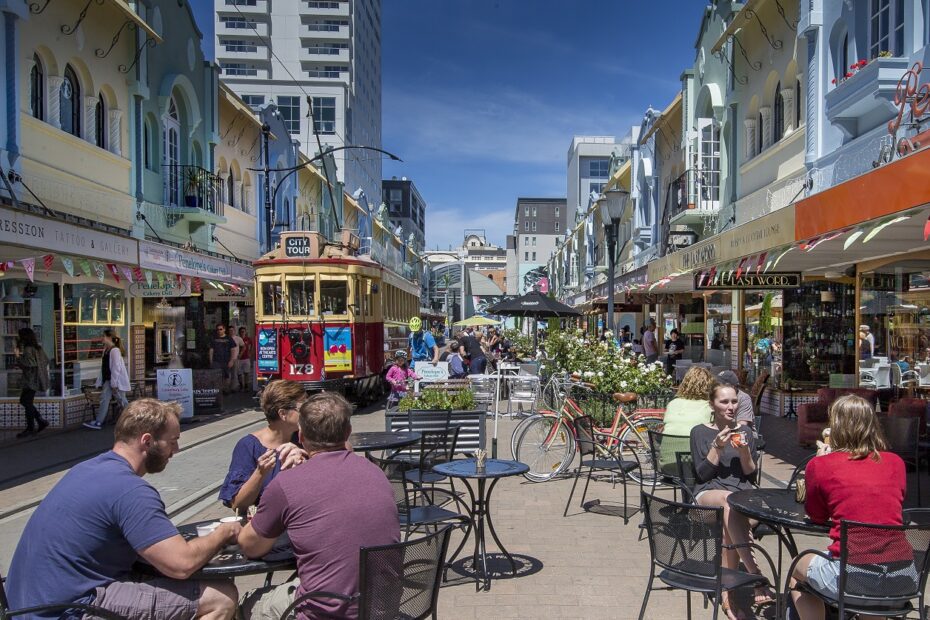 Tram on historic New Regent Street, Christchurch