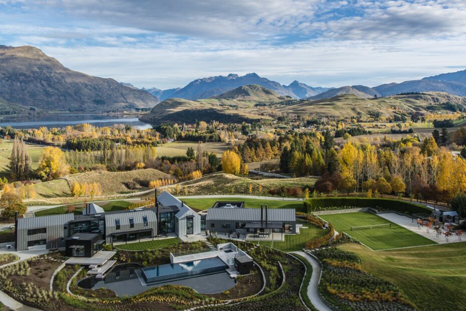 Aerial view over Lodge at the Hills, luxury villa accommodation in Queenstown