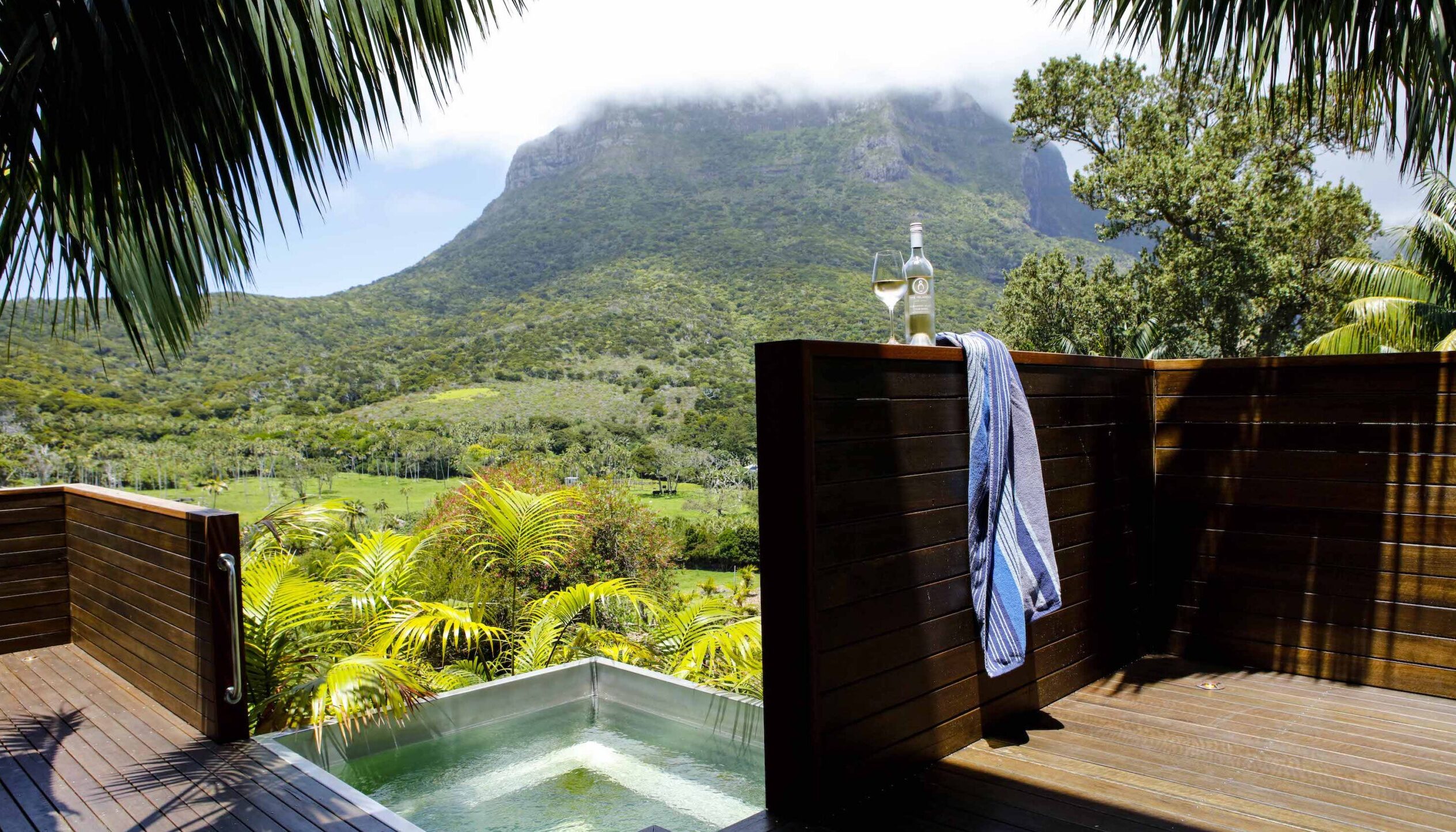 Plunge pool and bottle of wine with view from Makambo Loft at Capella Lodge on Lord Howe Island