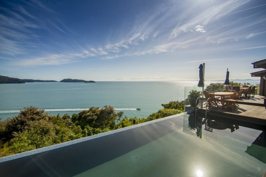 View from the infinity pool at Split Apple Retreat near Nelson and Abel Tasman National Park