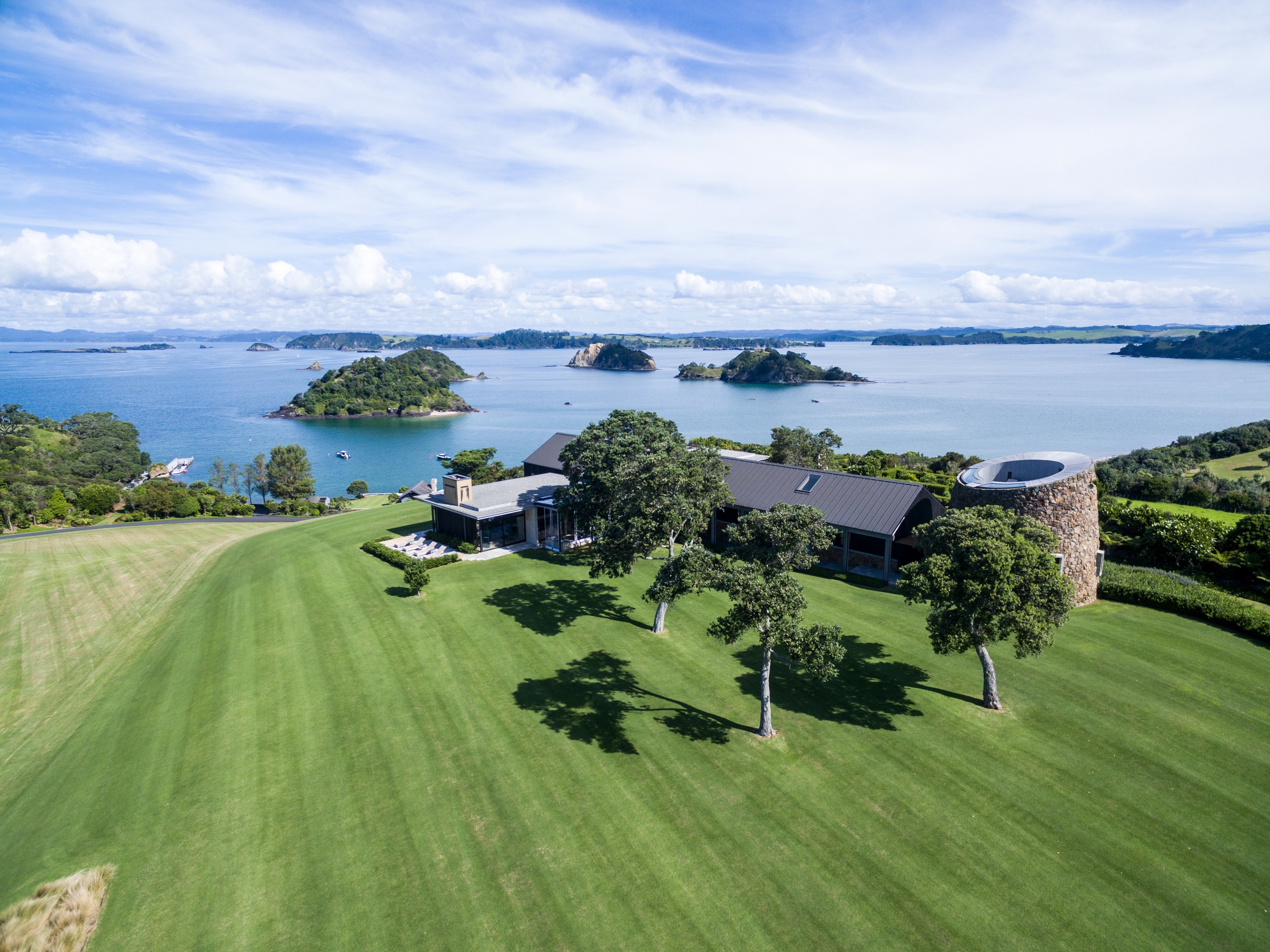 Aerial view of The Landing looking out to the Bay of Islands