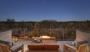 Balcony with fire and starry sky above at Longitude 131