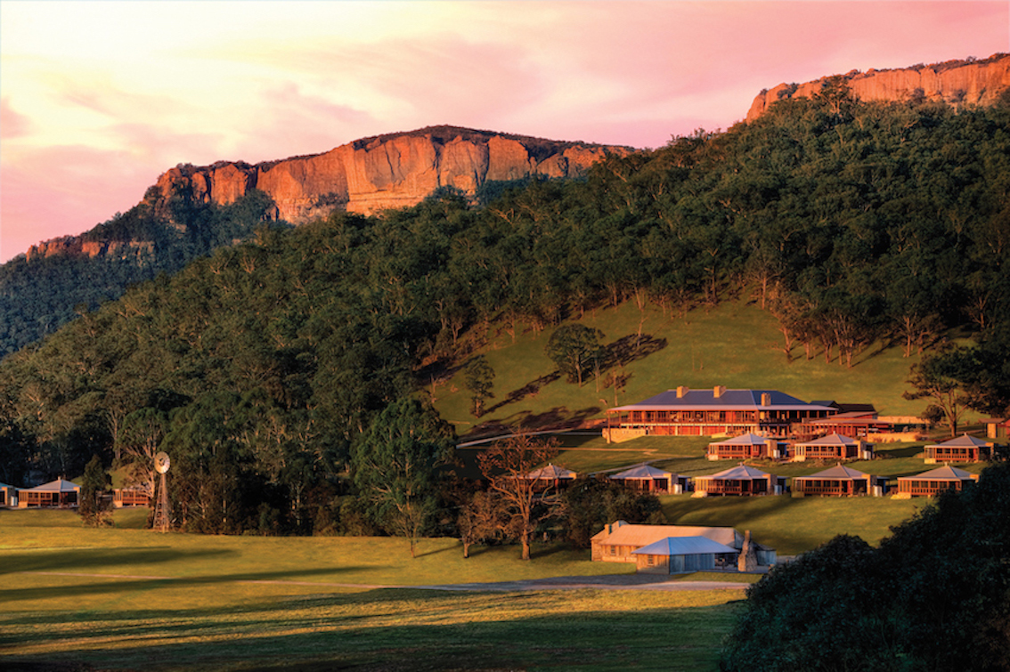 Sunset over One&Only Wolgan Valley resort luxury lodge in the Blue Mountains